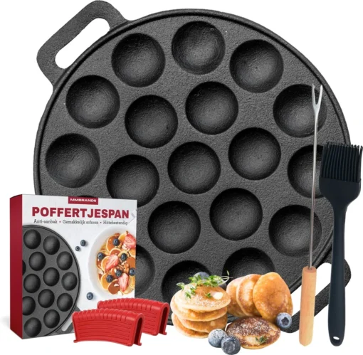 MM Brands Poffertjespan - Poffertjesmaker - Inductie / Oven / BBQ - Inclusief Handvat, Borstel En Vorken -Kookwaren Verkoop